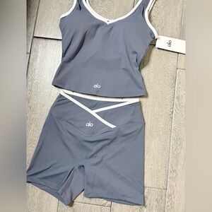 Alo Yoga High-Waist Biker Short Tank Set in Athletic Heather Grey/White Trim